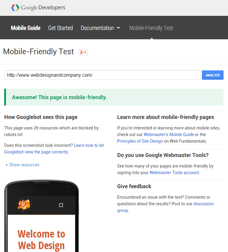 Google Mobile Friendly Testing Tool